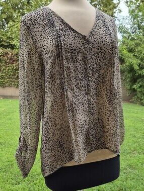 Pins & Needles Brand Sheer Beige Leopard Print V-Neck Blouse M #0495